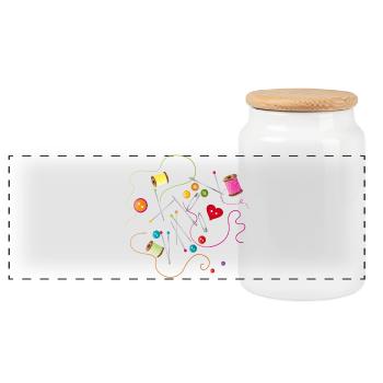 Sewing utensils buttons, needle, thread and sewing thread - Panoramic Cookie Jar with Wooden Lid - white - Front