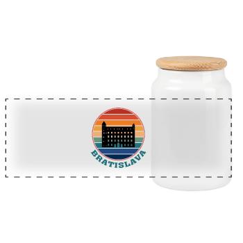 Bratislava Slovakia Skyline Landmark Souvenir - Panoramic Cookie Jar with Wooden Lid - white - Front