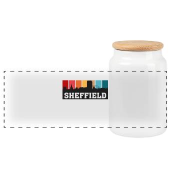 Sheffield England Travel Souvenir Skyline Landmark - Panoramic Cookie Jar with Wooden Lid - white - Front