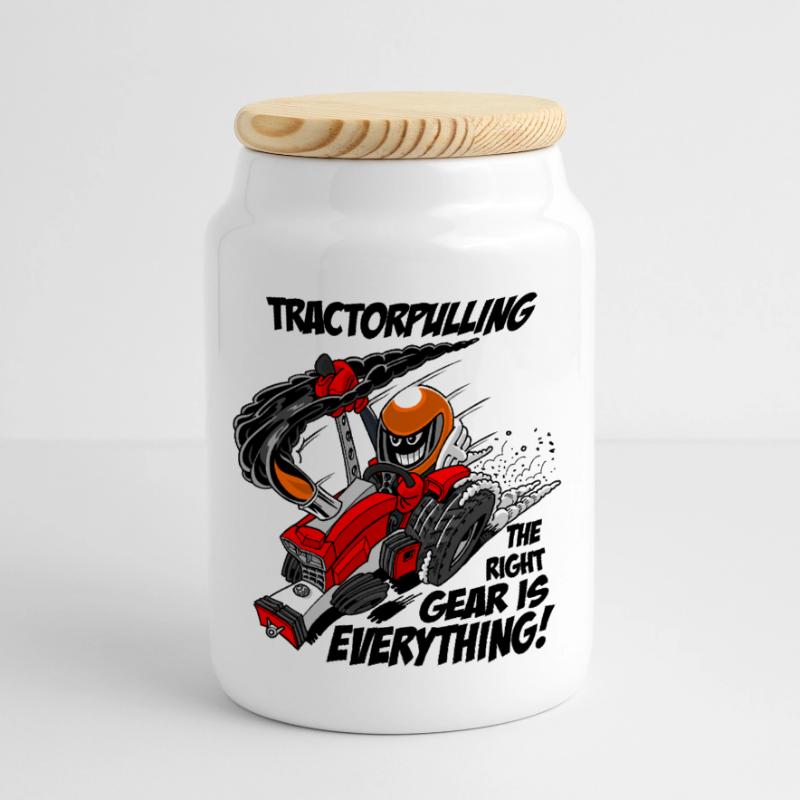 0966 tractor pulling Panoramic Cookie Jar with Wooden Lid