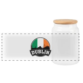 Dublin Irland Skyline Travel Souvenir Irische Flagge - Panorama Keksdose mit Holzdeckel - Weiß - Vorne