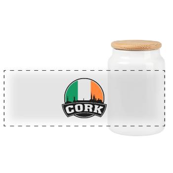 Cork Ireland Skyline Travel Souvenir Irische Flagge - Panorama Keksdose mit Holzdeckel - Weiß - Vorne