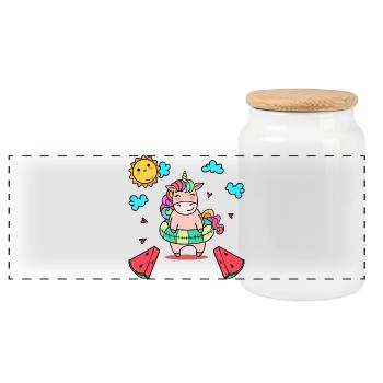 Licorne vacances nager pneu mer plage été - Boîte à biscuits avec couvercle en bois - blanc - Devant