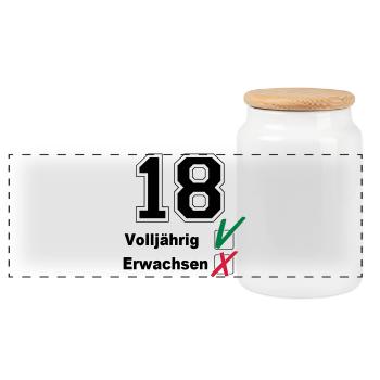 18. Geburtstag ,Volljährig , erwachsen(25) - Panorama Keksdose mit Holzdeckel - Weiß - Vorne