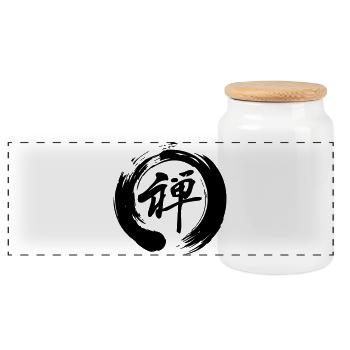 Zen in japanischer Kanji-Schrift in enso-Zen geschrieben - Panorama Keksdose mit Holzdeckel - Weiß - Vorne