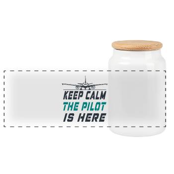 Keep Calm the Pilot is here Design / Flugzeug - Panorama Keksdose mit Holzdeckel - Weiß - Vorne