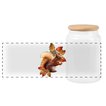 Eichhörnchen motiv mit Eichenblättern, Herbst frau - Panorama Keksdose mit Holzdeckel - Weiß - Vorne