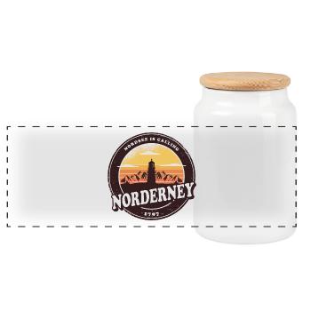 Norderney Sunset Lighthouse Design / Gift Idea - Panoramic Cookie Jar with Wooden Lid - white - Front