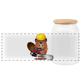 mignon castor avec une tronçonneuse et un casque de protection - Boîte à biscuits avec couvercle en bois - blanc - Devant
