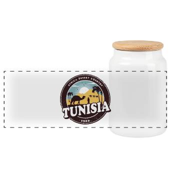 Tunesien Wüsten Design mit Kamelen / Geschenkidee - Panorama Keksdose mit Holzdeckel - Weiß - Vorne