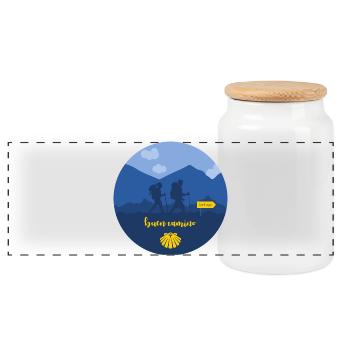 Buen Camino Santiago Man and Woman - Panoramic Cookie Jar with Wooden Lid - white - Front
