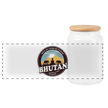 Bhutan Buddha Design with Elephants / Gift Idea - Panoramic Cookie Jar with Wooden Lid - white - Front