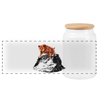 smilodon, big cat men, saber-toothed tiger, prehistoric - Panoramic Cookie Jar with Wooden Lid - white - Front