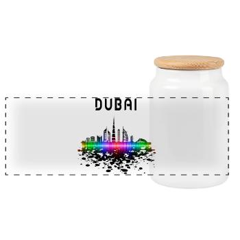 Dubai Skyline Splash Design / Geschenk - Panorama Keksdose mit Holzdeckel - Weiß - Vorne
