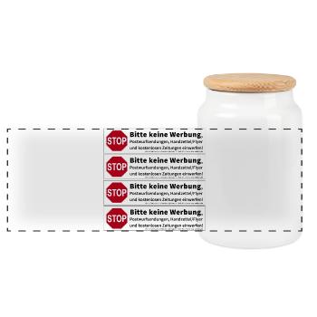 4 x Stop Bitte keine Werbung Sticker - Panorama Keksdose mit Holzdeckel - Weiß - Vorne