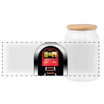 London red train under arch - Panoramic Cookie Jar with Wooden Lid - white - Front