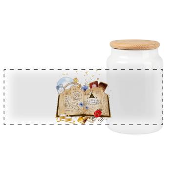 old book with spells & magic accessories - Panoramic Cookie Jar with Wooden Lid - white - Front
