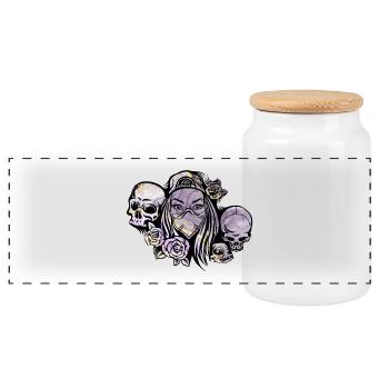 Woman Bandana Skulls Roses - Panoramic Cookie Jar with Wooden Lid - white - Front