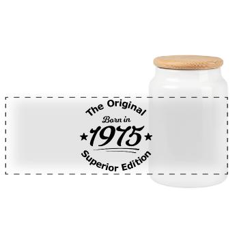 Born in 1975 - Panoramic Cookie Jar with Wooden Lid - white - Front