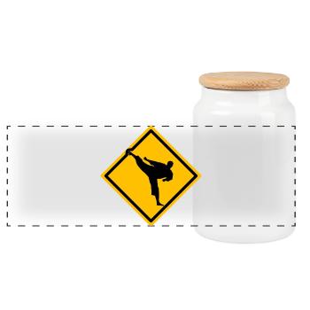 Karate Warning Sign Yokogeri - Panoramic Cookie Jar with Wooden Lid - white - Front