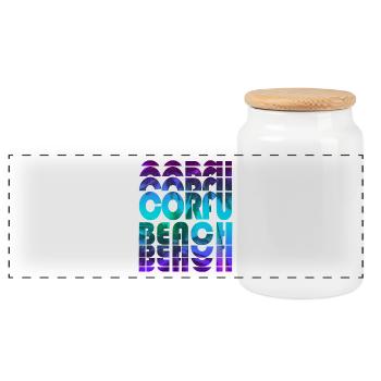 Corfu Beach Palm Design / Greece - Panoramic Cookie Jar with Wooden Lid - white - Front