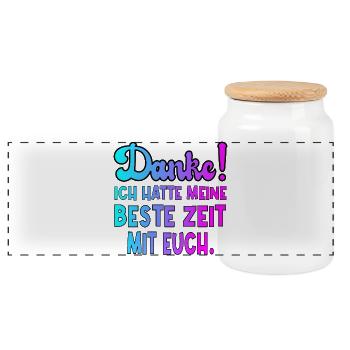 ABSCHIEDSGESCHENKE DANKESCHÖN - BESTE ZEIT - Panorama Keksdose mit Holzdeckel - Weiß - Vorne