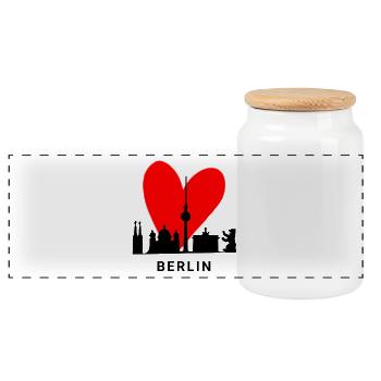 Berliner Herz Skyline Design - Panorama Keksdose mit Holzdeckel - Weiß - Vorne