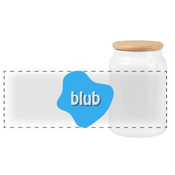 Text "blub" auf blauem Fleck, Klecks - Panorama Keksdose mit Holzdeckel - Weiß - Vorne