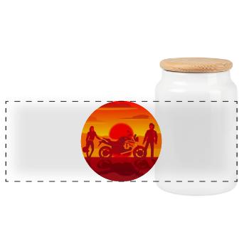 Couple and Motorcycle at sunset - Panoramic Cookie Jar with Wooden Lid - white - Front