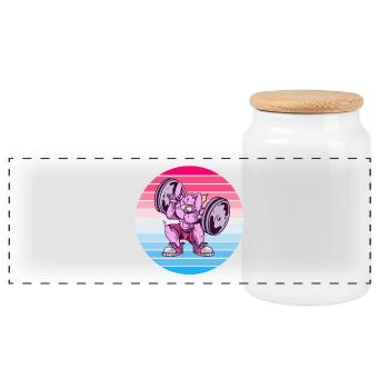 Rabbit Bodybuilder Design - Panoramic Cookie Jar with Wooden Lid - white - Front