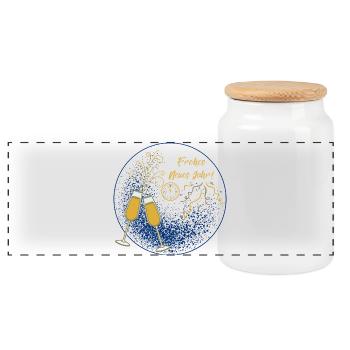 Frohes Neues Jahr Schriftzug Sektgläser Dekoration - Panorama Keksdose mit Holzdeckel - Weiß - Vorne