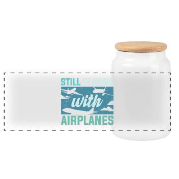 Pilot Still Playing With Airplanes - Panoramic Cookie Jar with Wooden Lid - white - Front