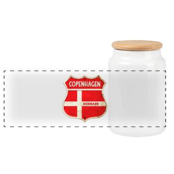 Copenhagen Denmark Coat of Arms Flags Design - Panoramic Cookie Jar with Wooden Lid - white - Front