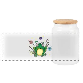 Cute Little Frog in the Grass – Cartoon Design - Panoramic Cookie Jar with Wooden Lid - white - Front