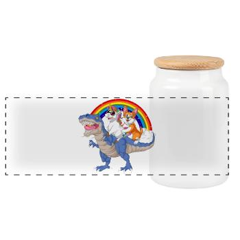 corgi and unicorn riding dinosaur - Panoramic Cookie Jar with Wooden Lid - white - Front