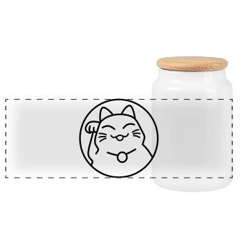 Maneki Neko Neon – Lucky Cat from Japan, Kawaii - Panoramic Cookie Jar with Wooden Lid - white - Front