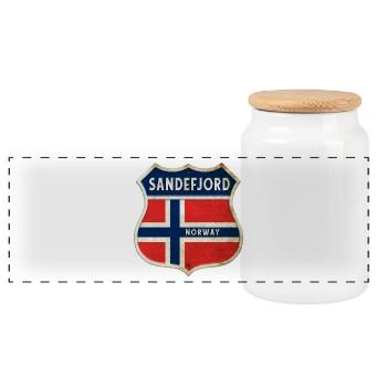 Sandefjord Norway Coat of Arms Flags Design - Panoramic Cookie Jar with Wooden Lid - white - Front
