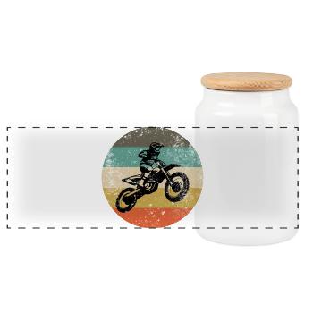 Retro Moto Rider auf Gestreiftem Kreis - Panorama Keksdose mit Holzdeckel - Weiß - Vorne
