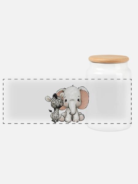Elephant and zebra - Panoramic Cookie Jar with Wooden Lid - white