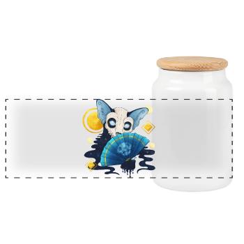 Blue Ink Spirits - Ghost Cat Dia De Los Muertos - Panoramic Cookie Jar with Wooden Lid - white - Front