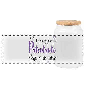 I brauchat no a Patentante - Taufpate, Firmpate - Panorama Keksdose mit Holzdeckel - Weiß - Vorne