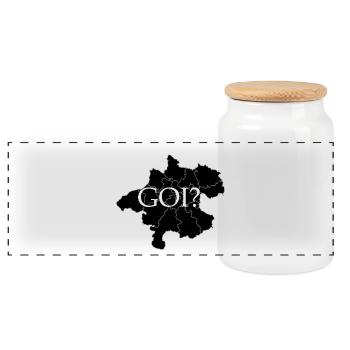 „GOI?" - Oberösterreich Dialektshirt - Panorama Keksdose mit Holzdeckel - Weiß - Vorne