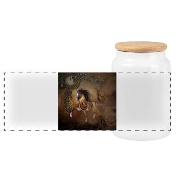 Beautiful steampunk horse with cape and gears - Panoramic Cookie Jar with Wooden Lid - white - Front