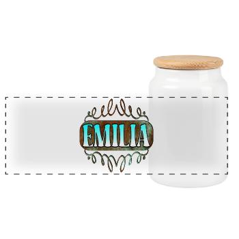 Name Day Gifts for Emilia - Girl DAUGHTER - Panoramic Cookie Jar with Wooden Lid - white - Front