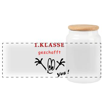 1.Klasse, Schule, yes - Panorama Keksdose mit Holzdeckel - Weiß - Vorne