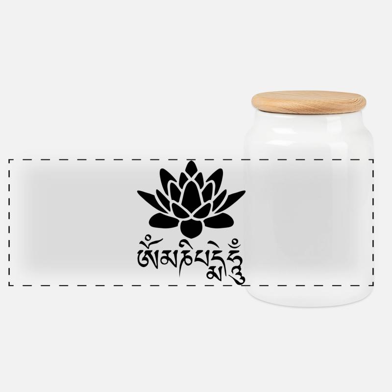 Om mani padme humg - Panoramic Cookie Jar with Wooden Lid - white