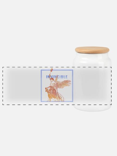 Invincible Angle with Lion - Panoramic Cookie Jar with Wooden Lid - white