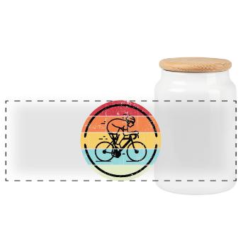 Retro Cyclist in Sunset Circles - Panoramic Cookie Jar with Wooden Lid - white - Front