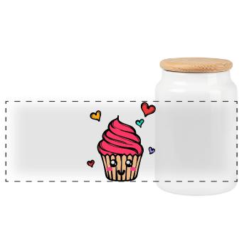 Sweets Delicious Snack Baking Cupcake Heart - Panoramic Cookie Jar with Wooden Lid - white - Front