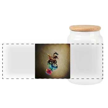 Impressive eye with clock and dragon. - Panoramic Cookie Jar with Wooden Lid - white - Front